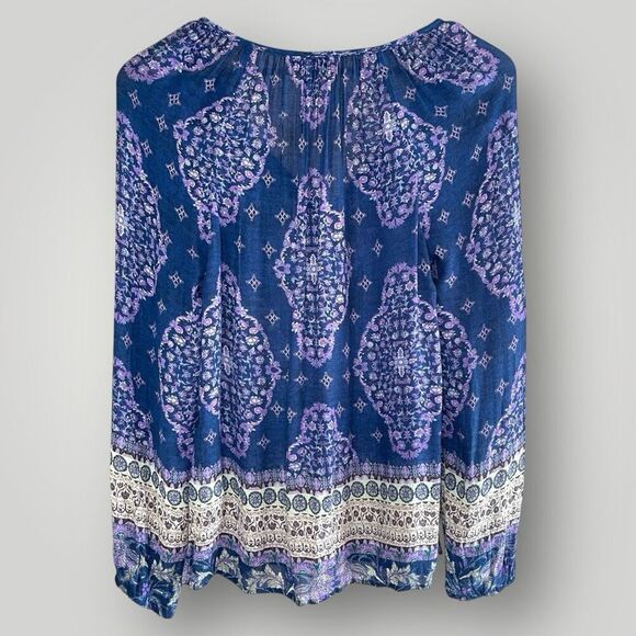 LUCKY BRAND‎ Navy Blue & Lavender Bohemian Print Long-Sleeve Peasant Top, XS/SM - Picture 3 of 8
